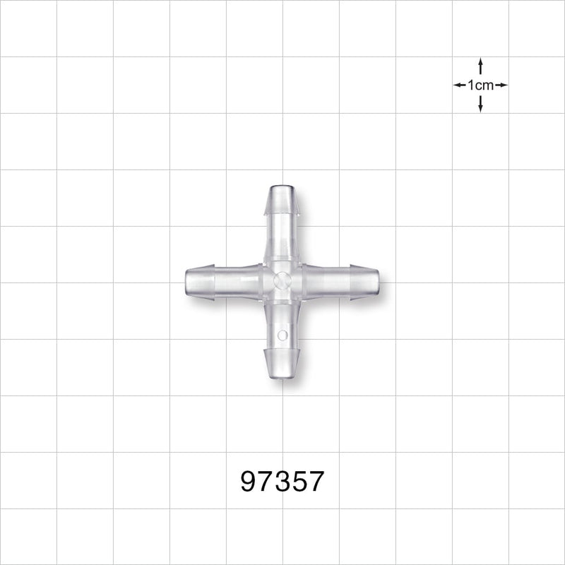 Cross Connector, Barbed - Fits 3/16 inch ID Tubing (0.188 inch, 4.76 mm) - 97357