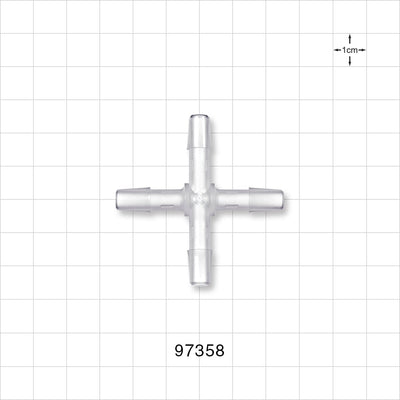 Cross Connector, Barbed - Fits 1/4 inch ID Tubing (0.25 inch, 6.35 mm) - 97358
