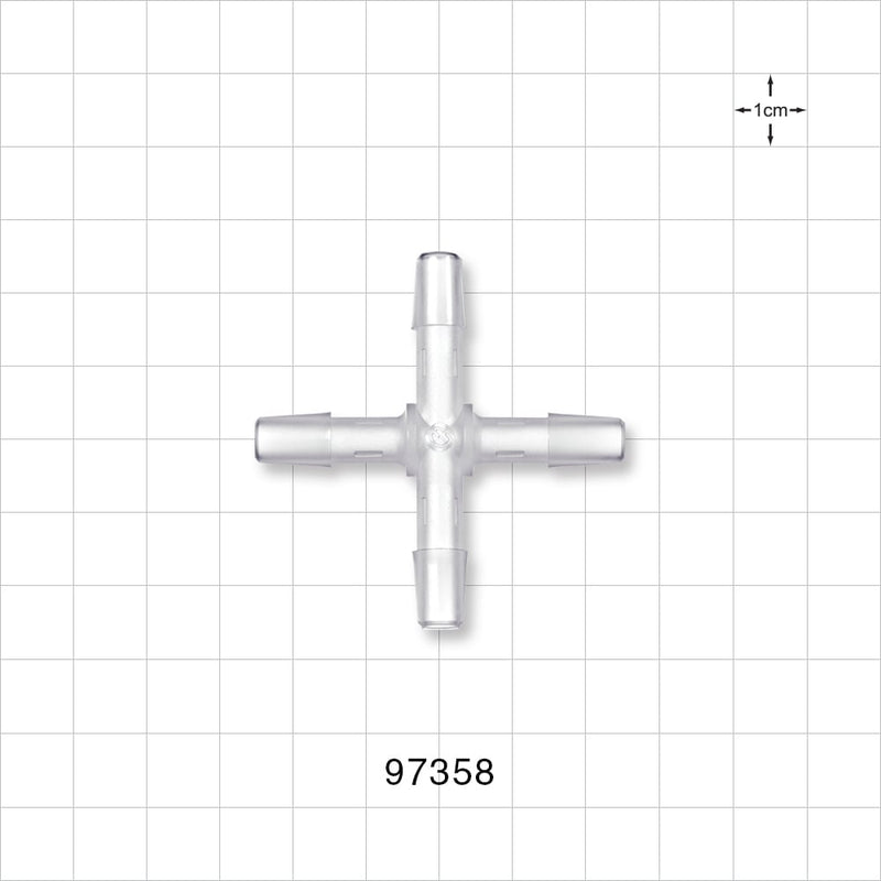 Cross Connector, Barbed - Fits 1/4 inch ID Tubing (0.25 inch, 6.35 mm) - 97358