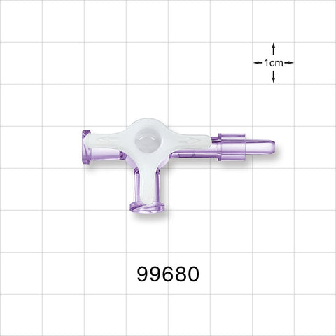 4-Way Stopcock, 2 Female Luer Locks, Tubing Port - Fits 3 mm ID x 4.1 mm OD Tubing (0.118 inch x 0.161 inch); 58 psi - 99680
