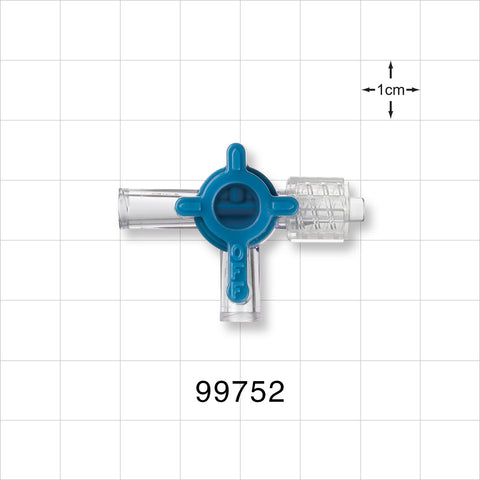2-Way Stopcock, 2 Female Luer Locks, Swivel Male Luer Lock, 90 Degree Turn Handle - 0.105 inch Thru Hole (2.66 mm); 45 psi - 99752