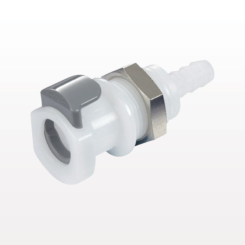 APC Connector, Panel Mount Body, Valved, Barbed - Fits 1/4 inch ID Tubing (0.25 inch, 6.35mm) - APCD16004