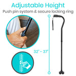 Folding Offset Swivel Cane Cane Height: 32” to 37” Handle: 4.5” x 1.5” Balck MOB1081BLK