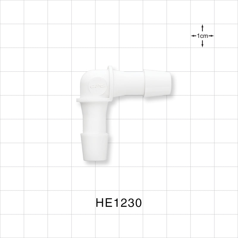 Elbow Connector, Barbed, White, 100/Bag - Fits 3/8 inch ID Tubing (0.375 inch, 9.53 mm) - HE1230