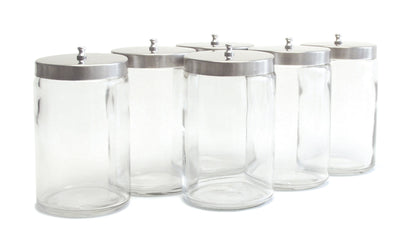 Graham Field Set of Six (6) 7"H X 4.25"D (17.8 x 10.8 cm) Unlabeled Flint Glass Sundry Jars with Covers Unlabeled Transparent Glass Jars; Polished Aluminum Covers ( Packaging - Set of 1 )