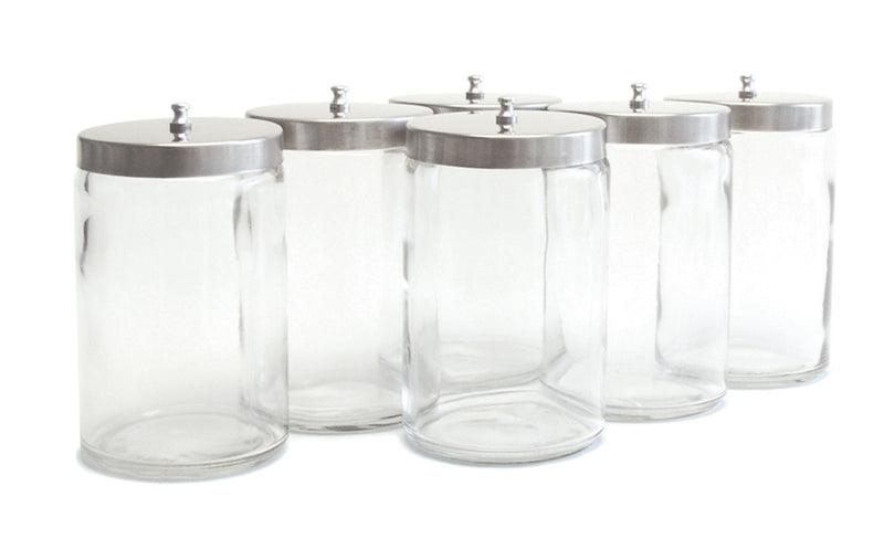 Graham Field Set of Six (6) 7"H X 4.25"D (17.8 x 10.8 cm) Unlabeled Flint Glass Sundry Jars with Covers Unlabeled Transparent Glass Jars; Polished Aluminum Covers ( Packaging - Set of 1 )