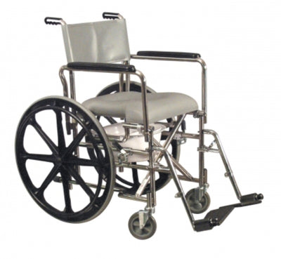 Graham W/C Rehab Shower Commode 14 ½ " LoBack with 24" Rear wheel 250 lb E&J ( Color - Stainless steel and gray vinyl upholstery ) ( Packaging - Each )