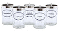 Graham Field Set of Five (5) 7"H X 4.25"D Labeled Flint Glass Sundry Jars with Covers (Labels: Bandages, Applicators, Gauze, Cotton, Tongue Depressors) ( Packaging - Each/ST of 5 )