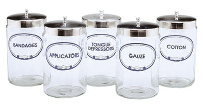 Graham Field Set of Five (5) 7"H X 4.25"D Labeled Flint Glass Sundry Jars with Covers (Labels: Bandages, Applicators, Gauze, Cotton, Tongue Depressors) ( Packaging - Each/ST of 5 )