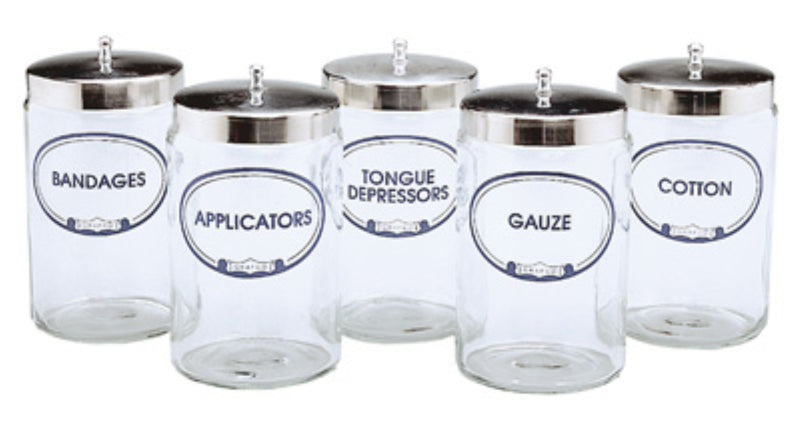 Graham Field Set of Five (5) 7"H X 4.25"D Labeled Flint Glass Sundry Jars with Covers (Labels: Bandages, Applicators, Gauze, Cotton, Tongue Depressors) ( Packaging - Each/ST of 5 )