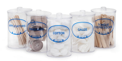 Graham Field Set of Five (5) 7"H X 4.25"D Labeled Clear Plastic Sundry Jars with Covers (Labels: Bandages, Applicators, Gauze, Cotton, Tongue Depressors) ( Color - Labeled (Blue Imprint) Clear Plastic Jars; Plastic Covers ) ( Packaging - Set of 1 )