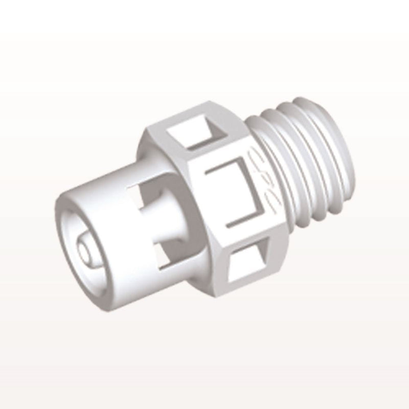 Threaded Connector, Barbed, White, 100/Bag - Fits 1/16 inch ID Tubing (0.063, 1.59 mm) x 1/4"-28 UNF - KS230