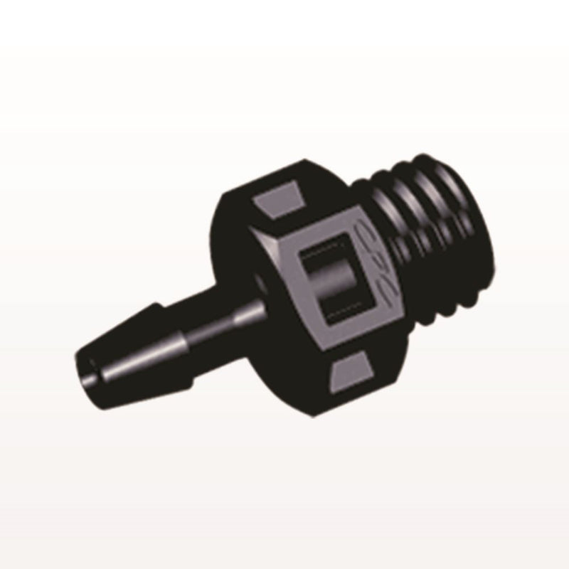 Threaded Connector, Barbed, Black, 100/Bag - Fits 3/32 inch ID Tubing (0.094 inch, 2.38 mm) x 1/4"-28 UNF - KS331