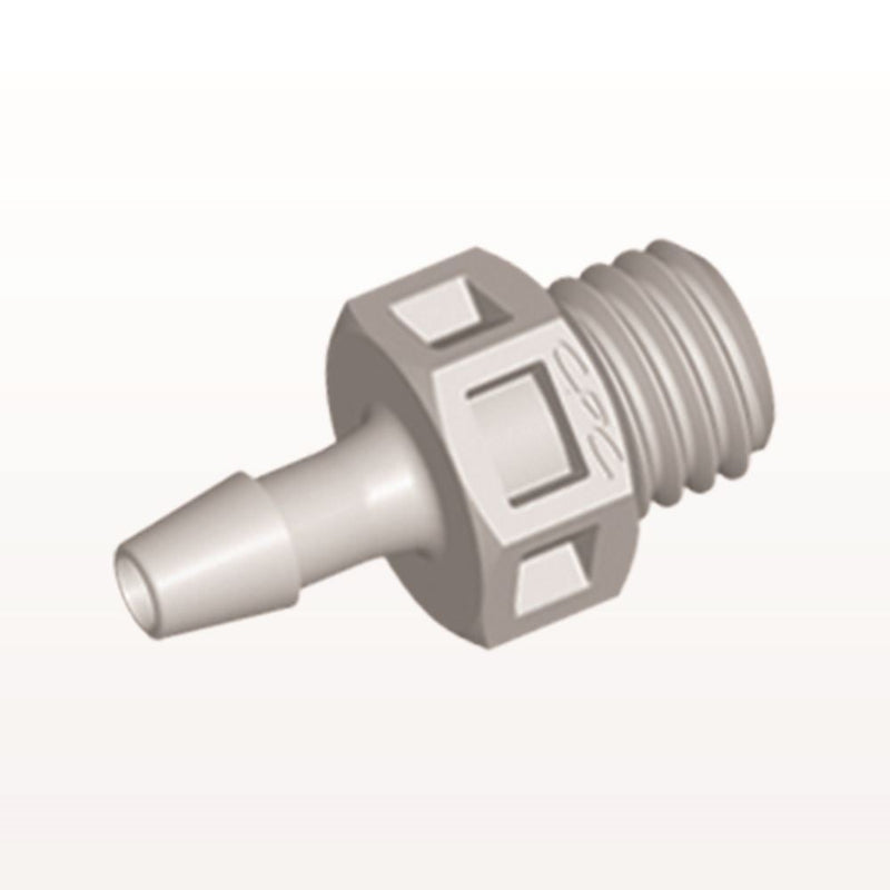 Threaded Connector, Barbed, Natural, 100/Bag - Fits 3/32 inch ID Tubing (0.094 inch, 2.38 mm) x 1/4"-28 UNF - KS3
