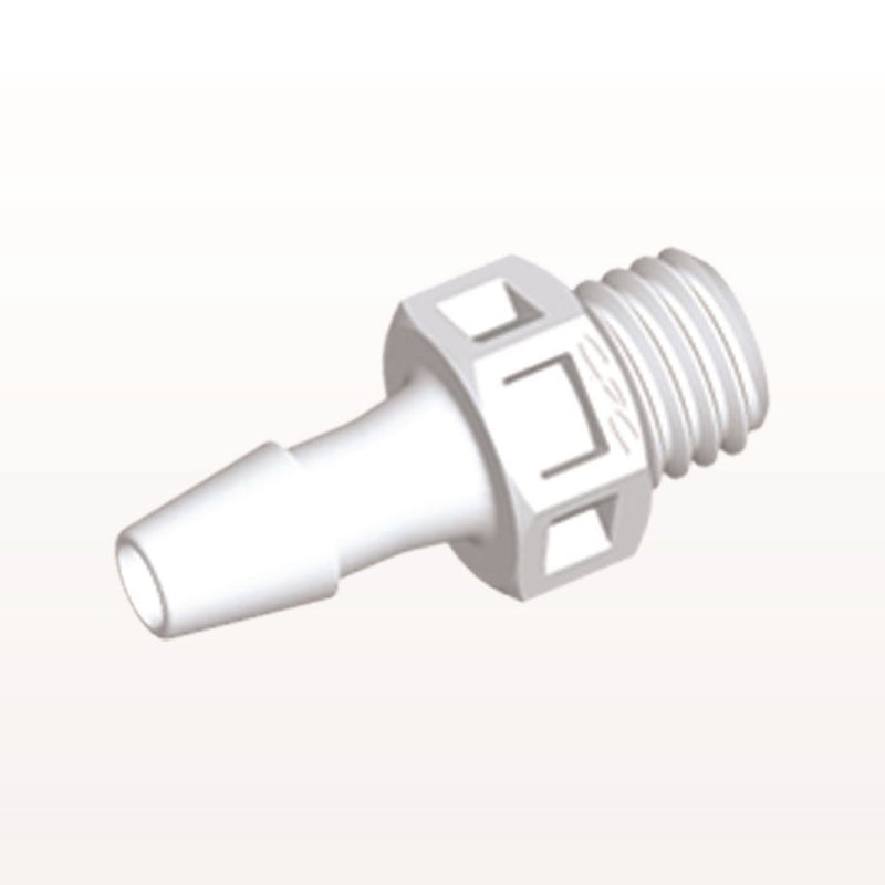 Threaded Connector, Barbed, White, 100/Bag - Fits 1/8 inch ID Tubing (0.125 inch, 3.18 mm) x 1/4"-28 UNF - KS430