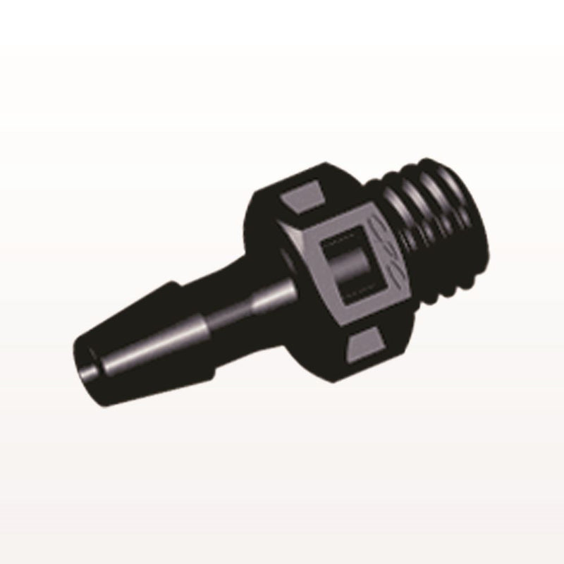 Threaded Connector, Barbed, Black, 100/Bag - Fits 1/8 inch ID Tubing (0.125 inch, 3.18 mm) x 1/4"-28 UNF - KS431