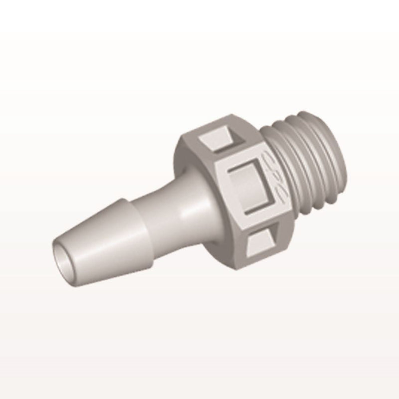 Threaded Connector, Barbed, Natural, 100/Bag - Fits 1/8 inch ID Tubing (0.125 inch, 3.18 mm) x 1/4"-28 UNF - KS4
