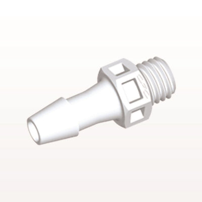 Threaded Connector, Barbed, White, 100/Bag - Fits 5/32 inch ID Tubing (0.156 inch, 3.97 mm) x 1/4"-28 UNF - KS530
