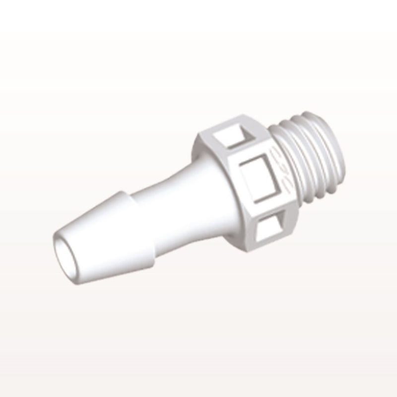 Threaded Connector, Barbed, White, 100/Bag - Fits 5/32 inch ID Tubing (0.156 inch, 3.97 mm) x 1/4"-28 UNF - KS530