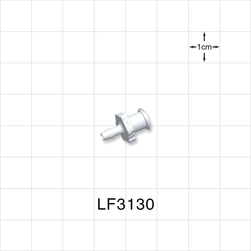Female Luer Lock, Barbed, White, 100/Bag - Fits 3/32 inch ID Tubing (0.094 inch, 2.38 mm) - LF3130