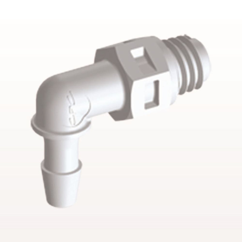 Threaded Elbow Connector, Barbed, White, 100/Bag - Fits 3/32 inch ID Tubing (0.094 inch, 2.38 mm) x Tapered 10-32 UNF - ME330