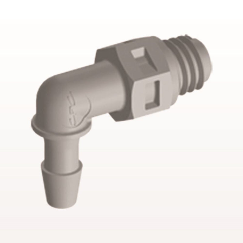 Threaded Elbow Connector, Barbed, Natural, 100/Bag - Fits 3/32 inch ID Tubing (0.094 inch, 2.38 mm) x Tapered 10-32 UNF - ME3