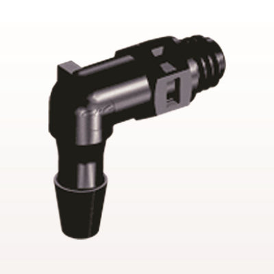 Threaded Elbow Connector, Barbed, Black, 100/Bag - Fits 1/8 inch ID Tubing (0.125 inch, 3.18 mm) x Tapered 10-32 UNF - ME431