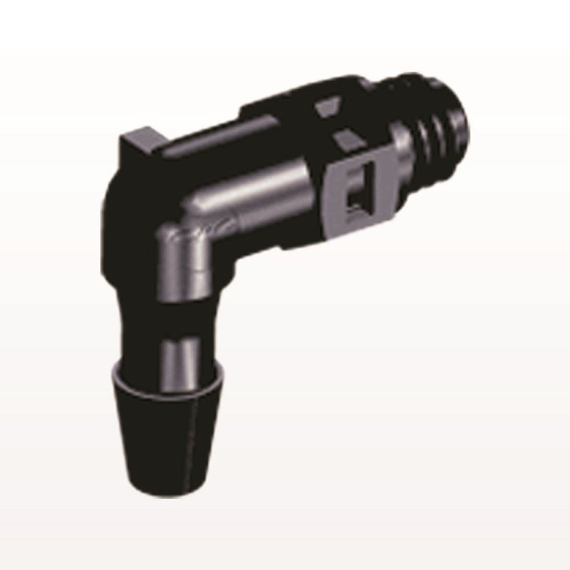 Threaded Elbow Connector, Barbed, Black, 100/Bag - Fits 1/8 inch ID Tubing (0.125 inch, 3.18 mm) x Tapered 10-32 UNF - ME431