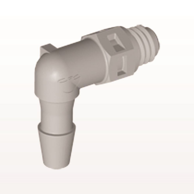 Threaded Elbow Connector, Barbed, Natural, 100/Bag - Fits 1/8 inch ID Tubing (0.125 inch, 3.18 mm) x Tapered 10-32 UNF - ME4
