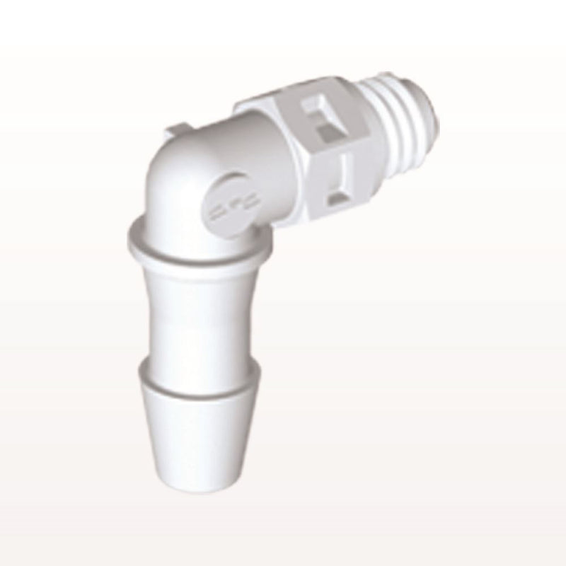 Threaded Elbow Connector, Barbed, White, 100/Bag - Fits 5/32 inch ID Tubing (0.156 inch, 3.97 mm) x Tapered 10-32 UNF - ME530
