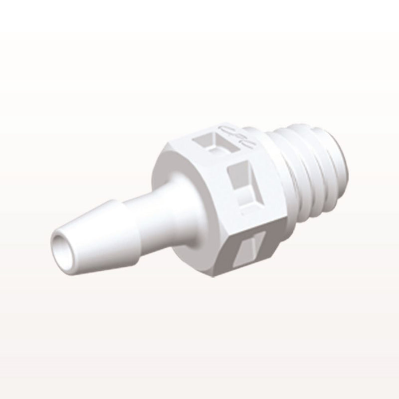 Threaded Connector, Barbed, White, 100/Bag - Fits 3/32 inch ID Tubing (0.094 inch, 2.38 mm) x Tapered 10-32 UNF - MS330