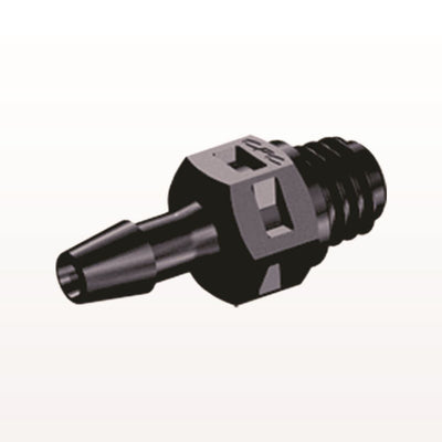 Threaded Connector, Barbed, Black, 100/Bag - Fits 3/32 inch ID Tubing (0.094 inch, 2.38 mm) x Tapered 10-32 UNF - MS331