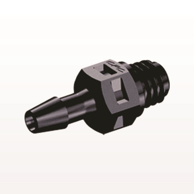 Threaded Connector, Barbed, Black, 100/Bag - Fits 3/32 inch ID Tubing (0.094 inch, 2.38 mm) x Tapered 10-32 UNF - MS331