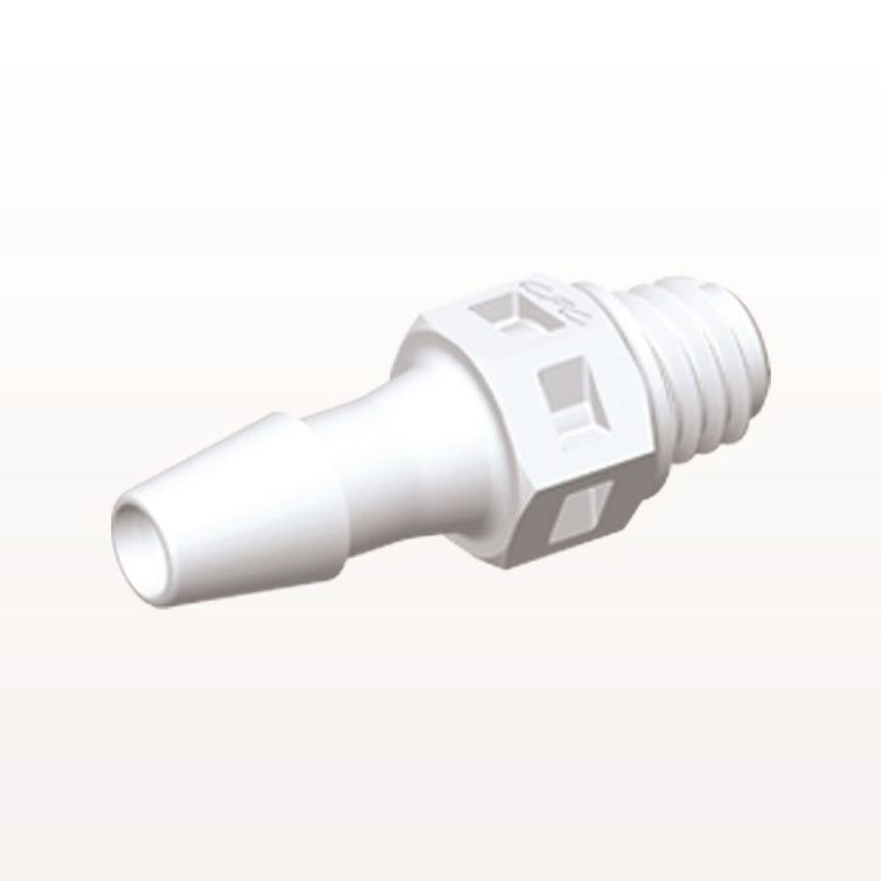 Threaded Connector, Barbed, White, 100/Bag - Fits 1/8 inch ID Tubing (0.125 inch, 3.18 mm) x Tapered 10-32 UNF - MS430