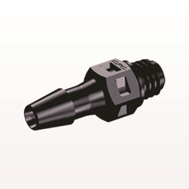 Threaded Connector, Barbed, Black, 100/Bag - Fits 1/8 inch ID Tubing (0.125 inch, 3.18 mm) x Tapered 10-32 UNF - MS431