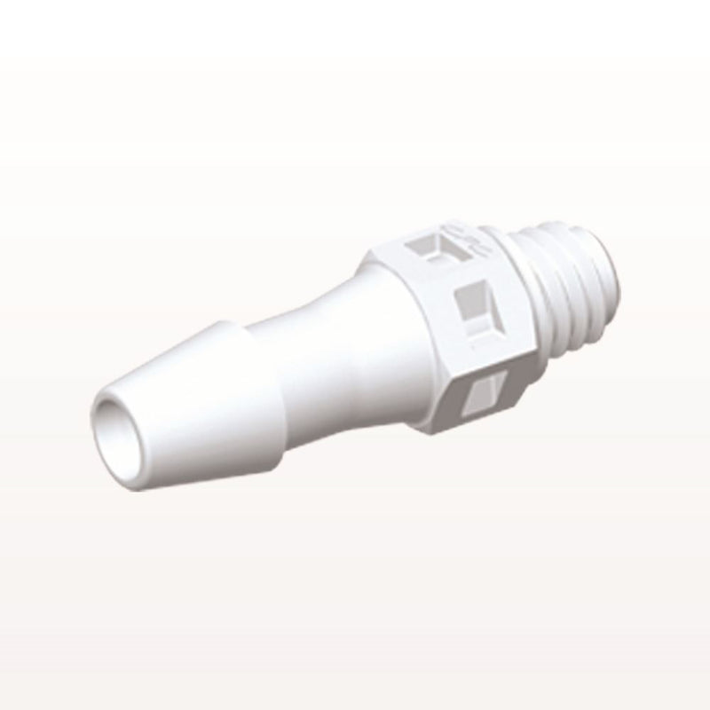 Threaded Connector, Barbed, White, 100/Bag - Fits 5/32 inch ID Tubing (0.156 inch, 3.97 mm) x Tapered 10-32 UNF - MS530