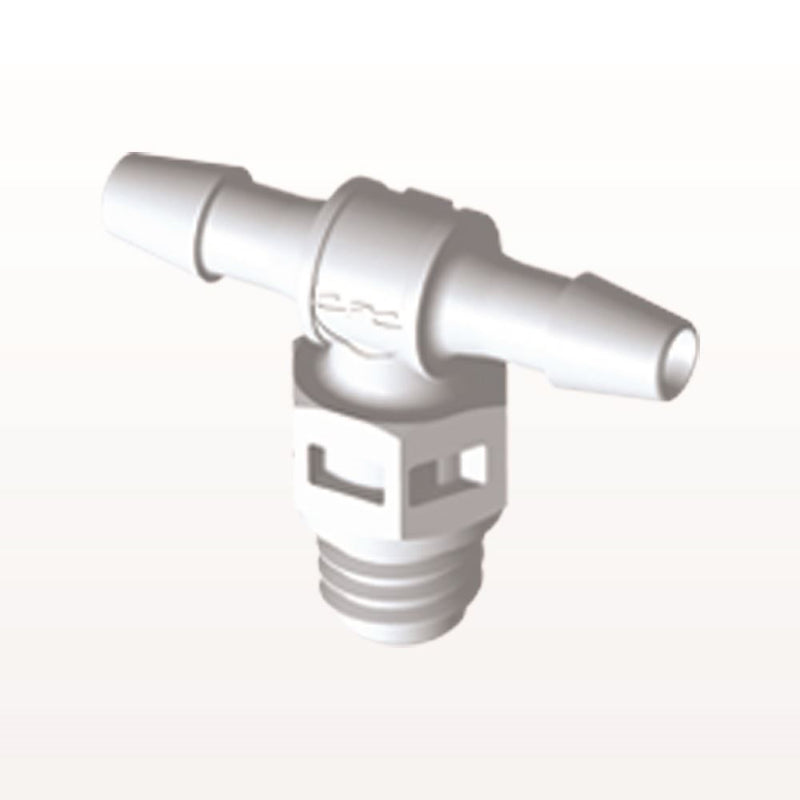 Threaded T Connector Barbed, White, 100/Bag - Fits 3/32 inch ID Tubing (0.094 inch, 2.38 mm) x Tapered 10-32 UNF - MT330