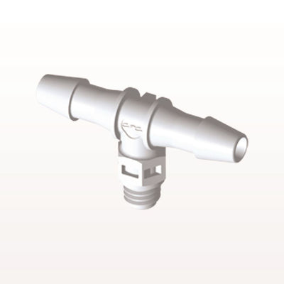 Threaded T Connector Barbed, White, 100/Bag - Fits 5/32 inch ID Tubing (0.156 inch, 3.97 mm) x Tapered 10-32 UNF - MT530