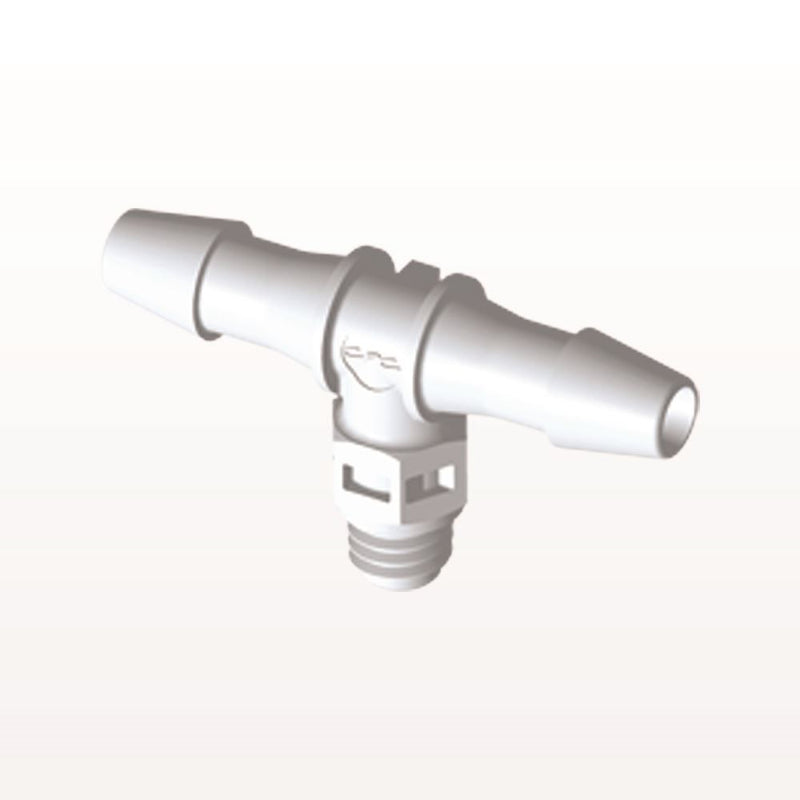Threaded T Connector Barbed, White, 100/Bag - Fits 5/32 inch ID Tubing (0.156 inch, 3.97 mm) x Tapered 10-32 UNF - MT530