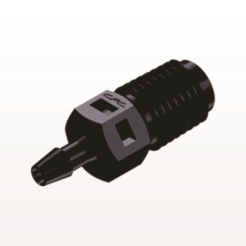 Threaded Connector, Barbed, Black, 100/Bag - Fits 3/32 inch ID Tubing (0.094 inch, 2.38 mm) x 1/16" NPT - N2S331