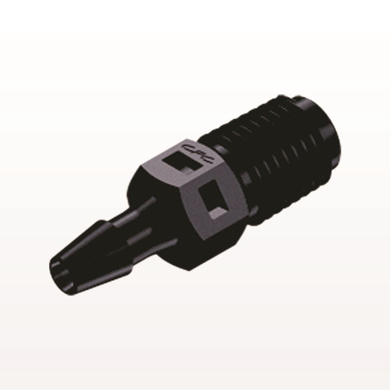 Threaded Connector, Barbed, Black, 100/Bag - Fits 1/8 inch ID Tubing (0.125 inch, 3.18 mm) x 1/16" NPT - N2S431