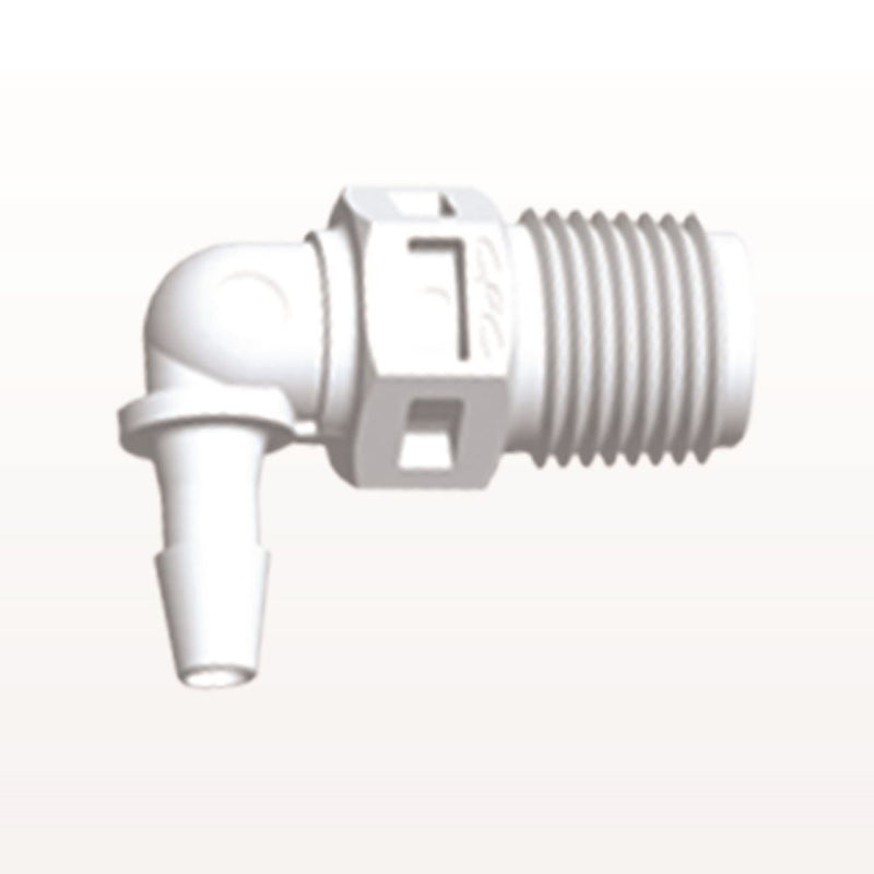 Threaded Elbow Connector, Barbed, White, 100/Bag - Fits 1/8 inch ID Tubing (0.125 inch, 3.18 mm) x 1/8" NPT - N4E430