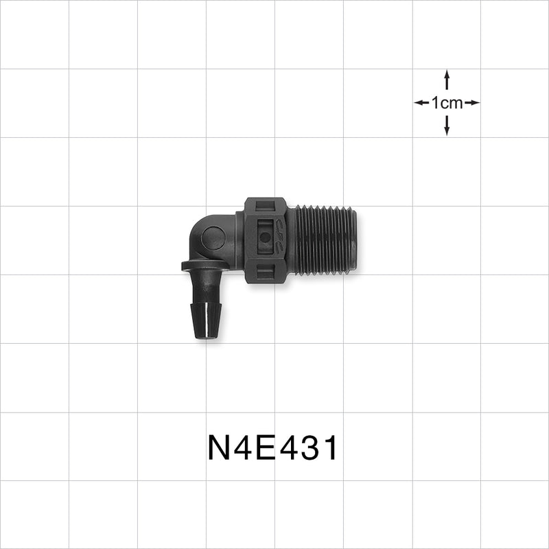 Threaded Elbow Connector, Barbed, Black, 100/Bag - Fits 1/8 inch ID Tubing (0.125 inch, 3.18 mm) x 1/8" NPT - N4E431
