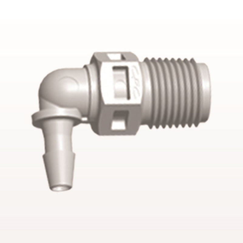 Threaded Elbow Connector, Barbed, Natural, 100/Bag - Fits 1/8 inch ID Tubing (0.125 inch, 3.18 mm) x 1/8" NPT - N4E4