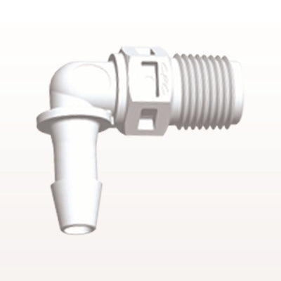 Threaded Elbow Connector, Barbed, White, 100/Bag - Fits 3/16 inch ID Tubing (0.188 inch, 4.76 mm) x 1/8" NPT - N4E630