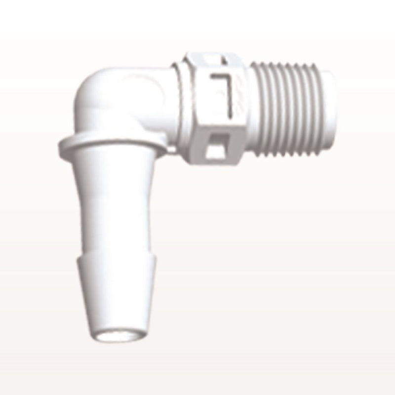 Elbow Connector, Barbed, White, 100/Bag - Fits 1/4 inch ID Tubing (0.25 inch, 6.35 mm) x 1/8 inch NPT Thread - N4E830