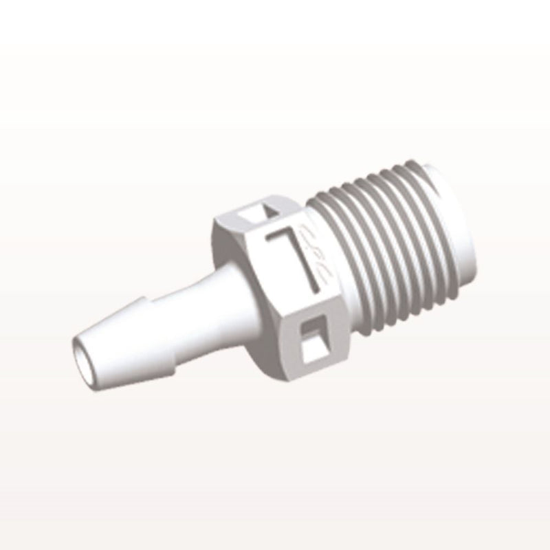 Threaded Connector, Barbed, White, 100/Bag - Fits 5/32 inch ID Tubing (0.156 inch, 3.97 mm) x 1/8" NPT - N4S530