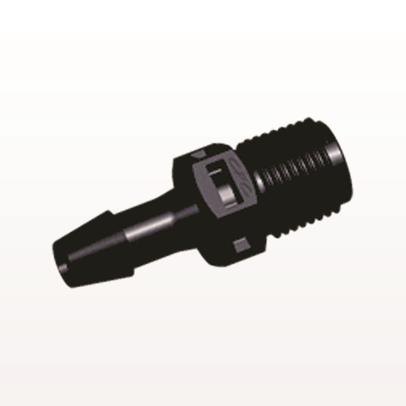 Threaded Connector, Barbed, Black, 100/Bag - Fits 3/16 inch ID Tubing (0.188 inch, 4.76 mm) x 1/8" NPT - N4S631