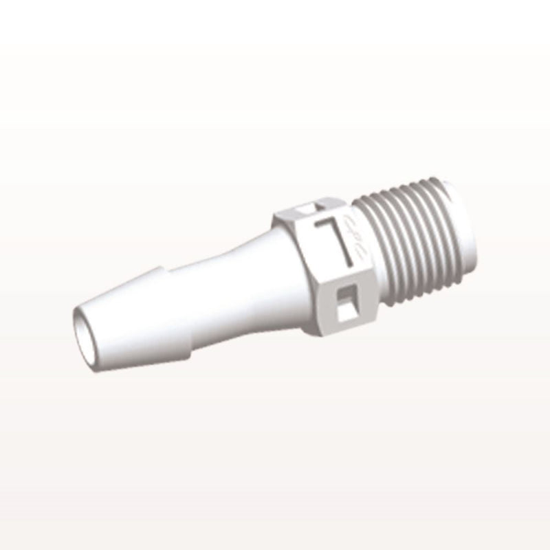 Threaded Connector, Barbed, White, 100/Bag - Fits 1/4 inch ID Tubing (0.25 inch, 6.35 mm) x 1/8" NPT - N4S830