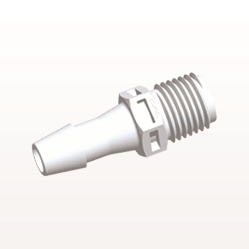 Threaded Connector, Barbed, White, 100/Bag - Fits 5/16 inch ID Tubing (0.313 inch, 7.94 mm) x 1/4" NPT - N8S1030